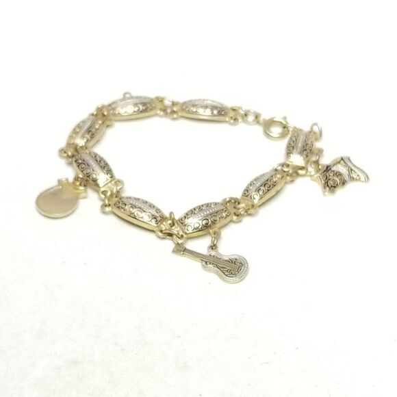 Vintage Black and Gold Tone Damascene Panel Charm Bracelet, Estate - Picture 2 of 6